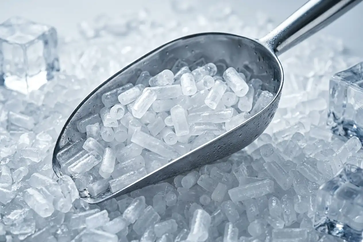 Scoop containing solid CO2 dry ice pellets for temperature-controlled industrial applications in Riyadh