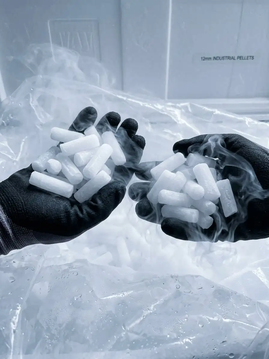 Gloved hands holding 12mm dry ice pellets for heavy duty industrial cleaning and cold chain storage in Riyadh VOG ICE