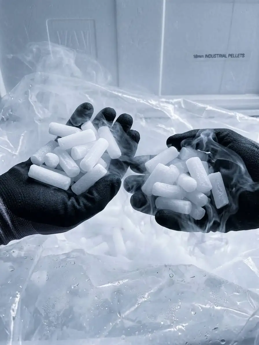 High density 16mm dry ice pellets for long duration cold chain transport and heavy industrial cooling in Riyadh VOG ICE
