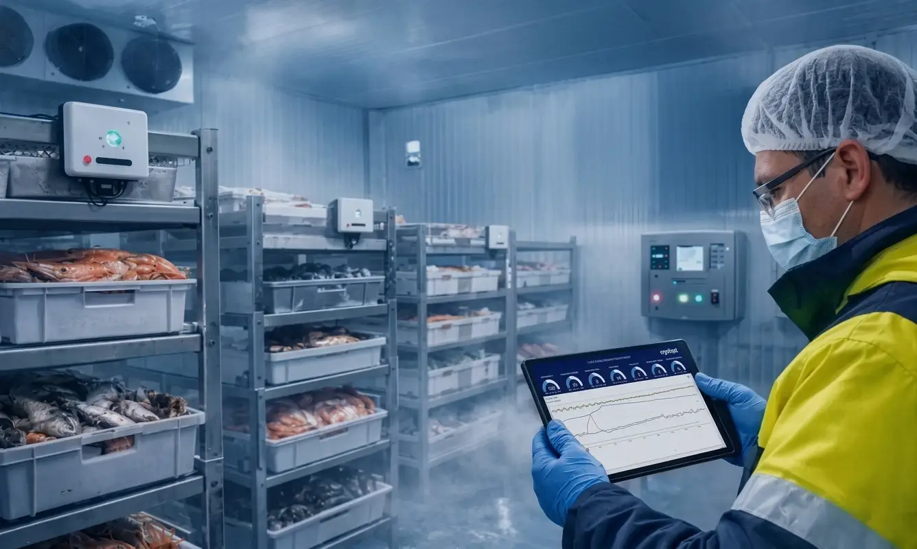 Technician inspecting cold storage facility using dry ice for food and pharmaceutical temperature control in Riyadh - VOG ICE