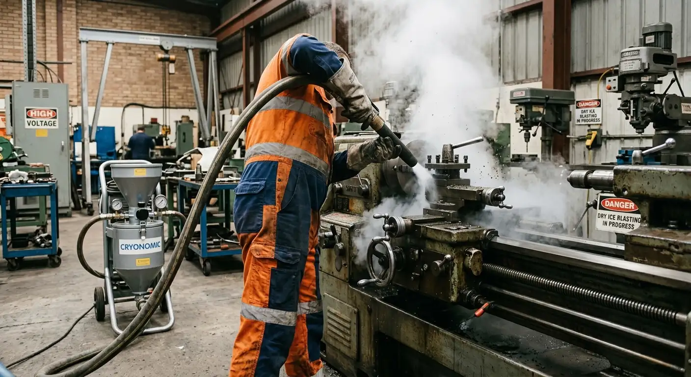Technician operating dry ice blasting machine for industrial surface cleaning in Riyadh - VOG ICE