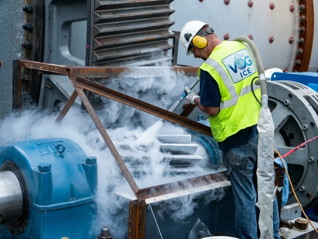 Worker wearing safety gear performing dry ice blasting on industrial motor equipment in Riyadh