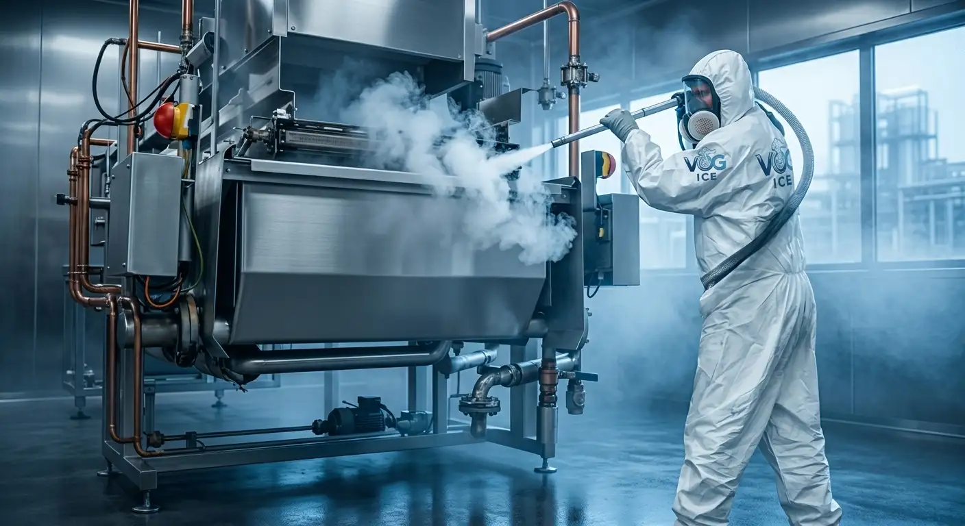 Certified technician wearing protective protective gear operating high-pressure dry ice blasting equipment on industrial machinery in Riyadh