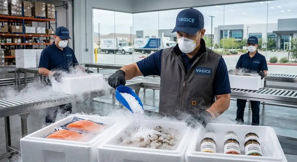 Logistics worker in protective gear packing perishable items with dry ice for cold chain transport in Riyadh