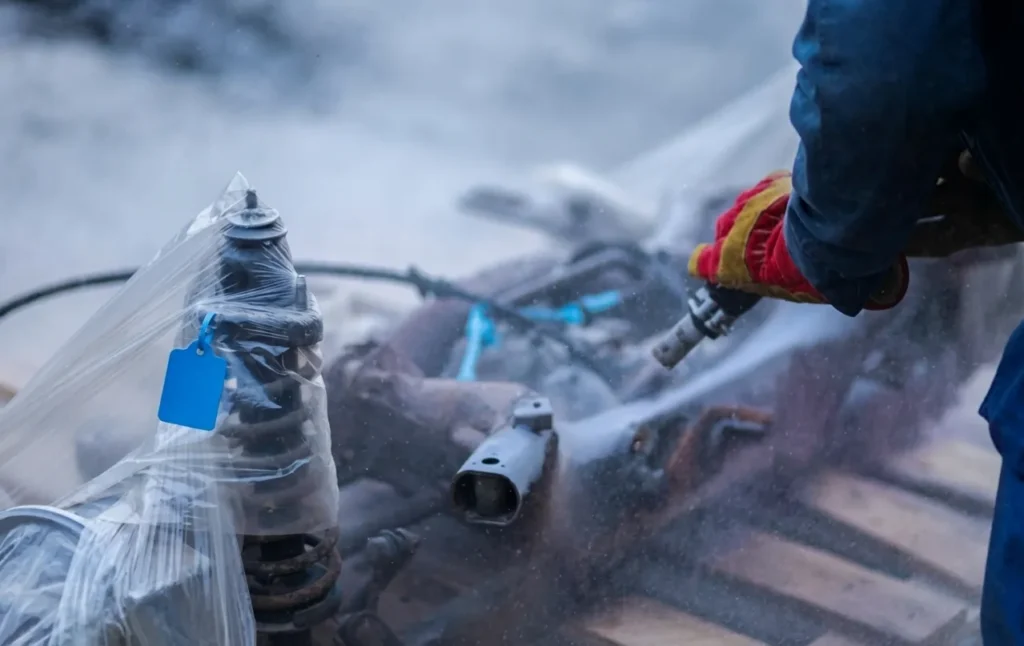 Technician conducting industrial dry ice blasting cleaning on plant machinery in Riyadh VOG ICE