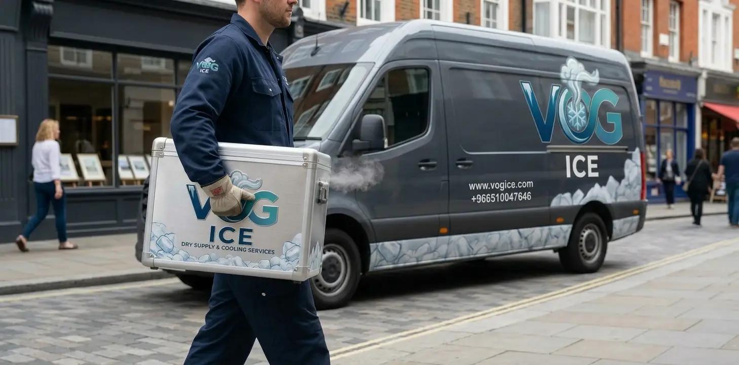 VOG ICE delivery worker carrying insulated container from delivery van in Riyadh