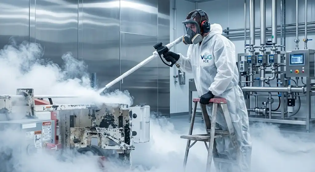 Technician in protective suit using dry ice blasting to clean industrial machinery during plant maintenance in Riyadh