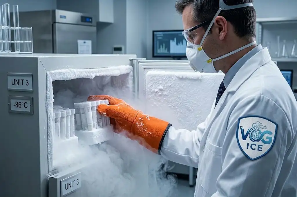 Lab technician wearing safety gloves storing medical samples with dry ice in Riyadh