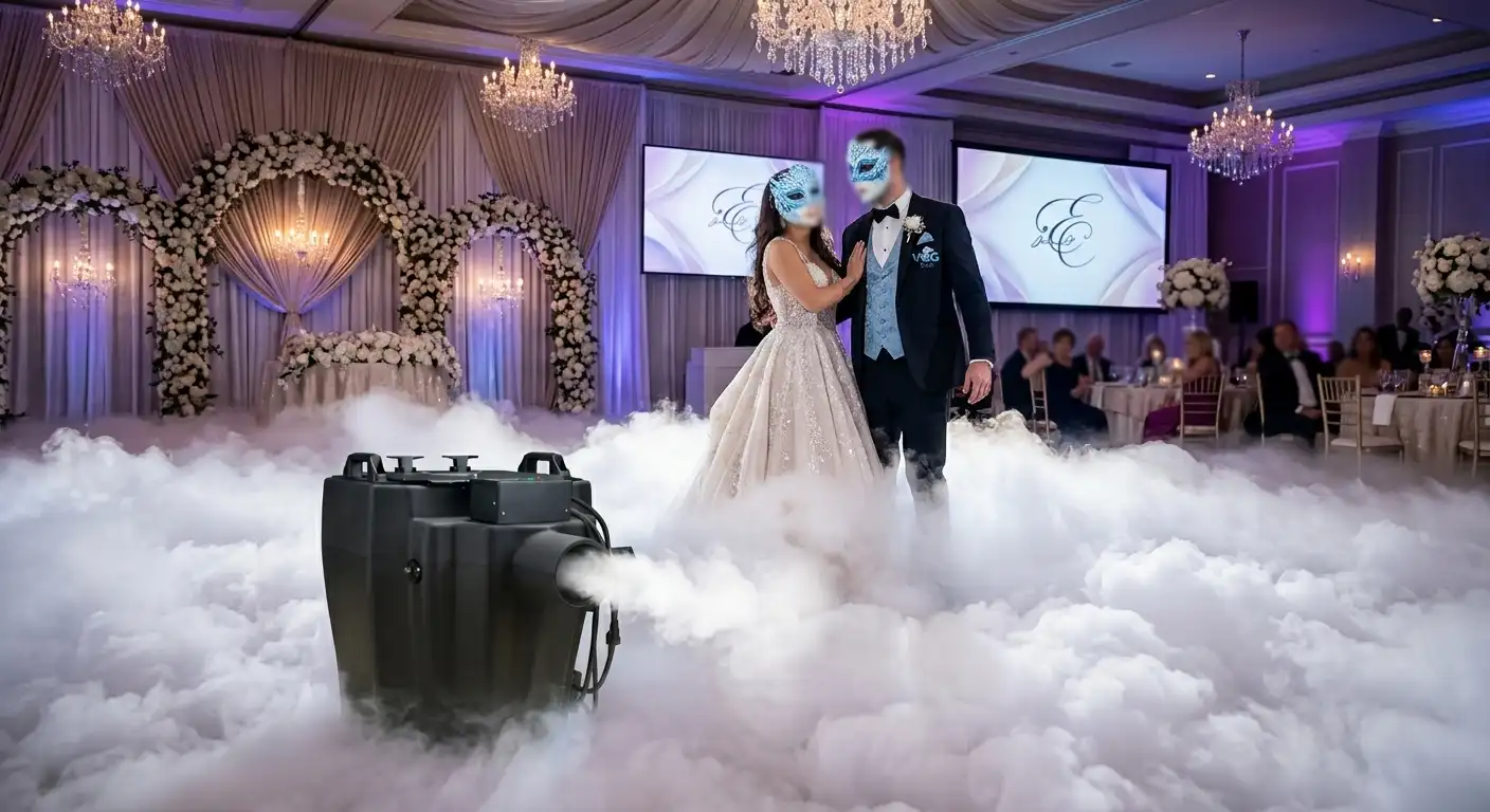 Bride and groom dancing on a cloud of low-lying dry ice fog at a wedding hall in Riyadh