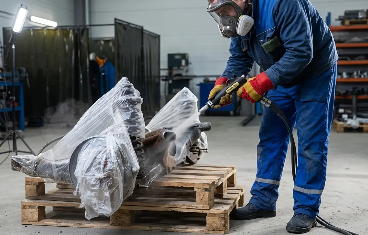 Technician using a high-pressure nozzle for dry ice blasting on industrial machinery parts in Riyadh - VOG ICE